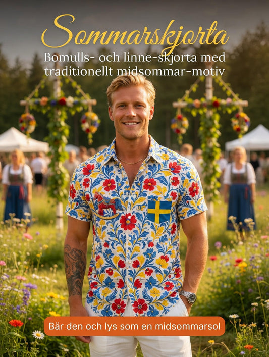 Herrretro svensk midsommarfolkaldrigblommig bomull-linne skjorta med korta ärmarna