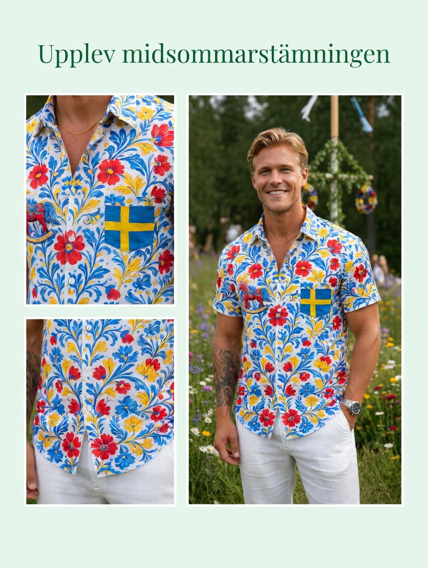 Herrretro svensk midsommarfolkaldrigblommig bomull-linne skjorta med korta ärmarna