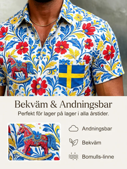 Herrretro svensk midsommarfolkaldrigblommig bomull-linne skjorta med korta ärmarna