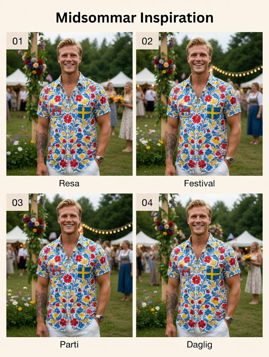 Herrretro svensk midsommarfolkaldrigblommig bomull-linne skjorta med korta ärmarna