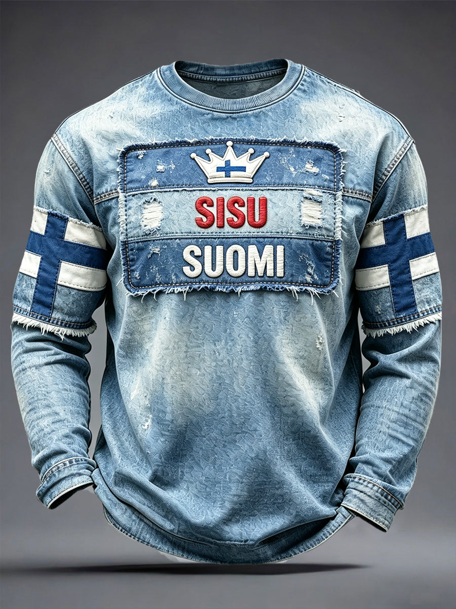 Mäns finska ”Suomi” Patchwork Skriv ut Casual Långärmad T-shirt