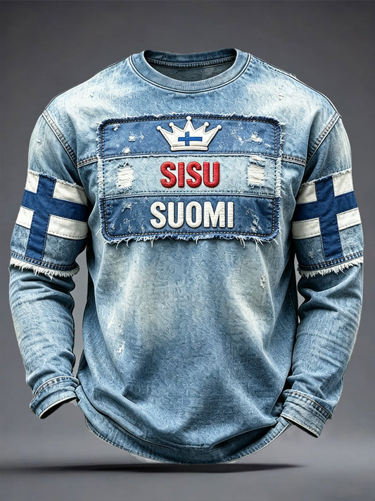 Mäns finska ”Suomi” Patchwork Skriv ut Casual Långärmad T-shirt