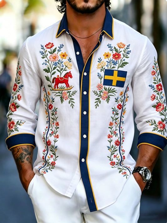 Herregenser med kunsttrykk i Sveriges flaggfarger og lange ermer