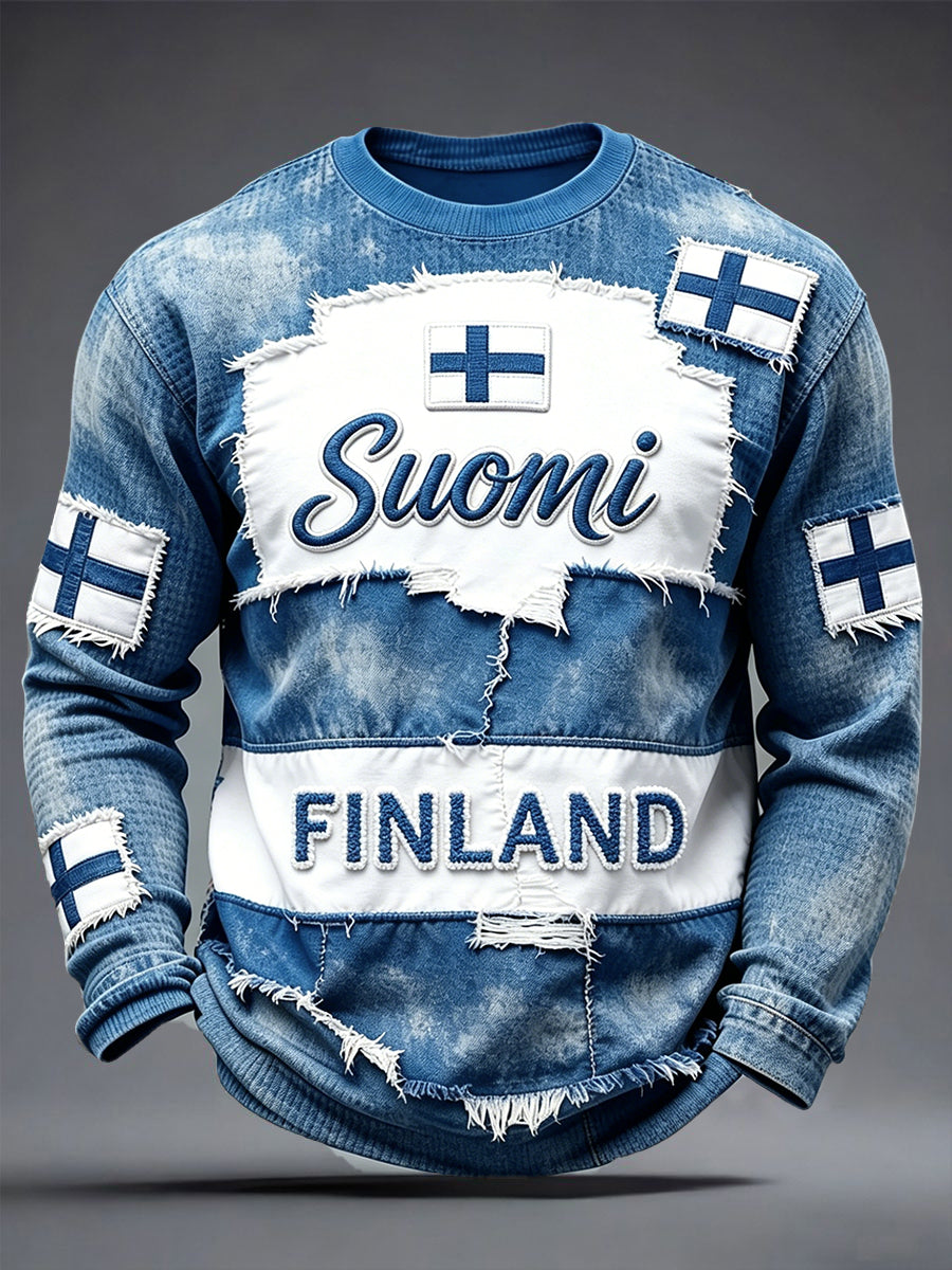 Herre Vintage Finsk Suomi Patchwork 3D Print Casual Langermet T-skjorte