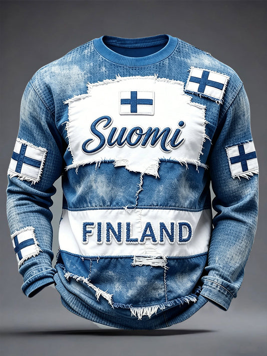 Mäns Vintage Finska Suomi Patchwork 3D Skriv ut Casual Långärm T-shirt