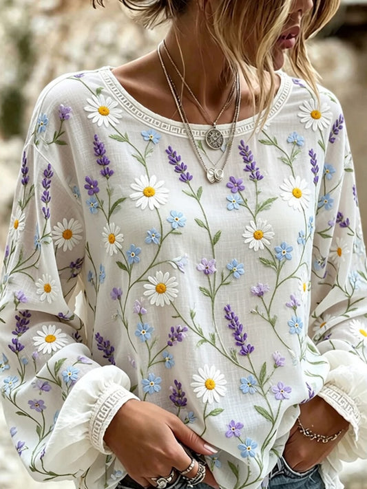 Dame Vintage Floral Art Printed Casual Topp i Bomull-Lin