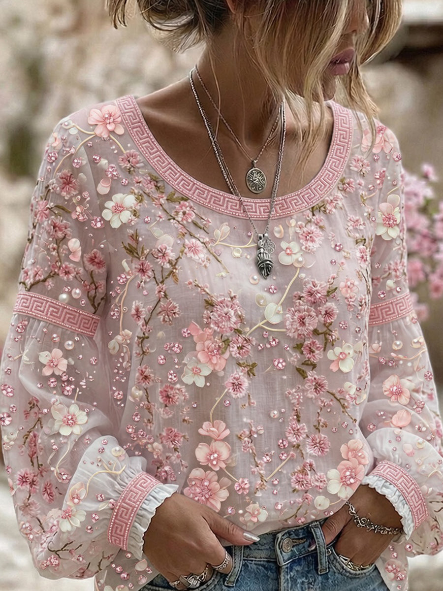 Dams vintage blommig konsttryckt casual topp i bomull-linne