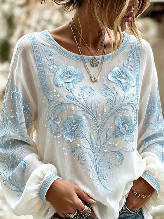 Dame vintage blomstertrykt casual topp i bomull-lin