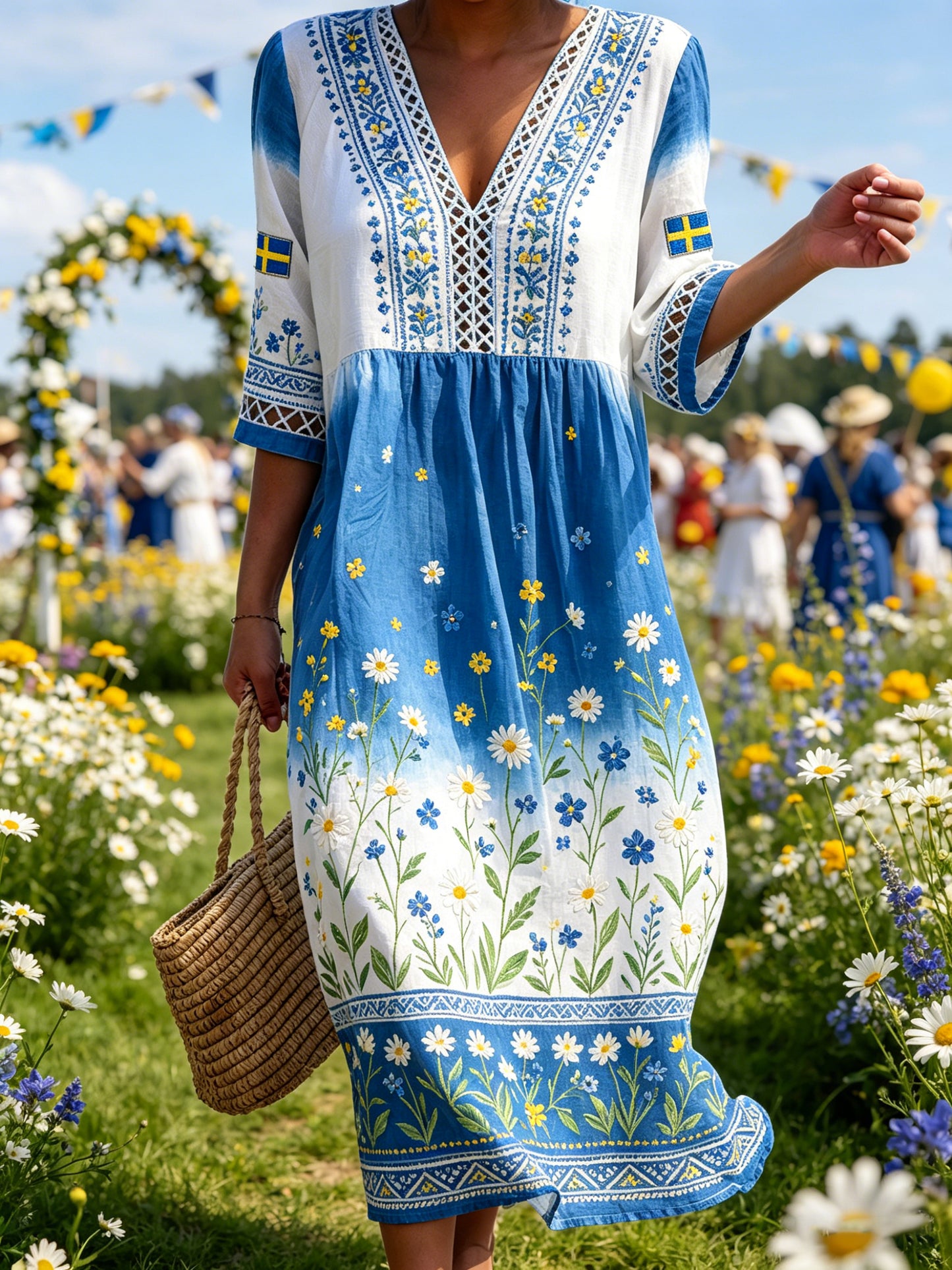 Kvinnor midsommar Floral Print Ombré V-hals klänning