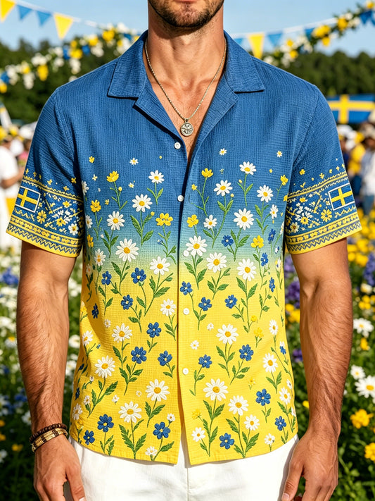 Menns midtsommer blomsterprint vaffelstrikk kort-ermet skjorte