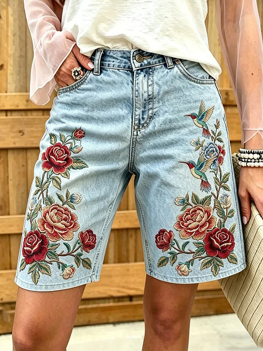 Kvinners Vintage Floral Art Print Casual Shorts