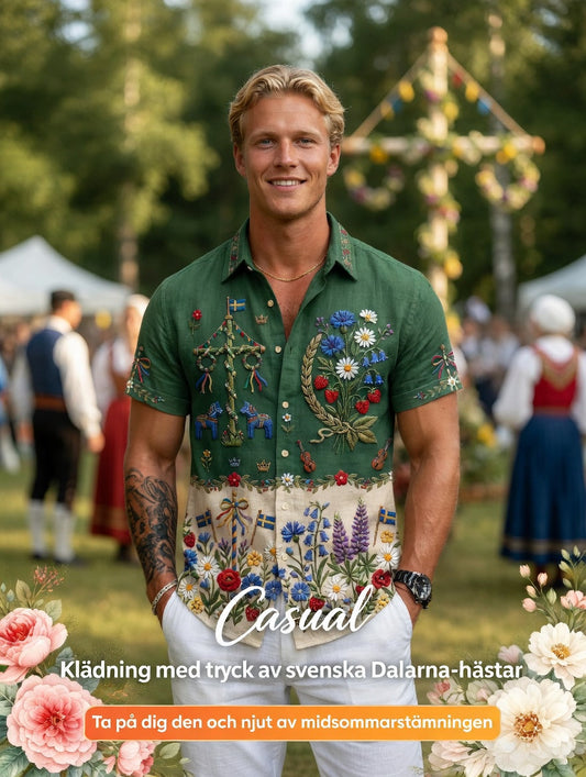 Herreskjorter i retrostil med svenske midtsommer- og folkedraktmotiv i bomull-lin, kortermede