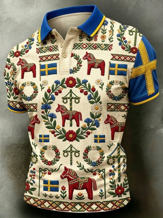 Herre retro svensk midtsommerkunsttrykk kortermet poloskjorte