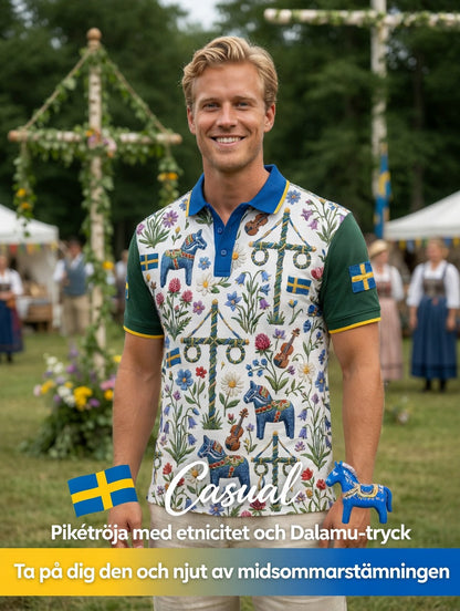 Herrretro svensk midsommarkonsttryck polotröja med korta ärmar