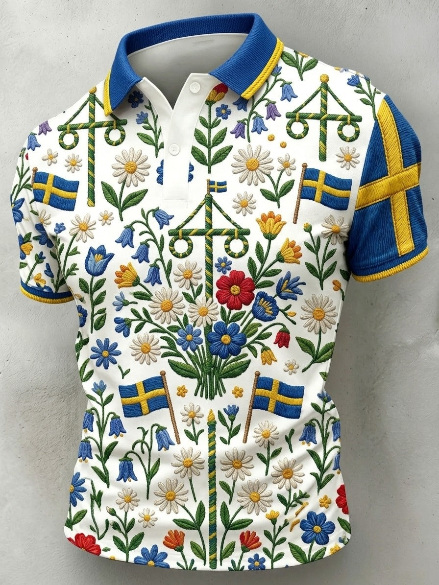 Herrretro svensk midsommarkonsttryck polotröja med korta ärmar