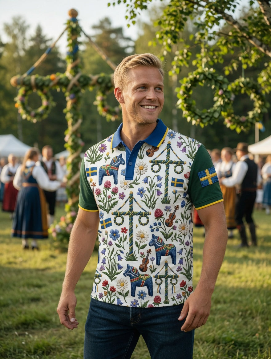 Herrretro svensk midsommarkonsttryck polotröja med korta ärmar