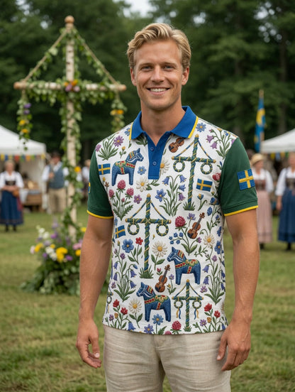 Herrretro svensk midsommarkonsttryck polotröja med korta ärmar