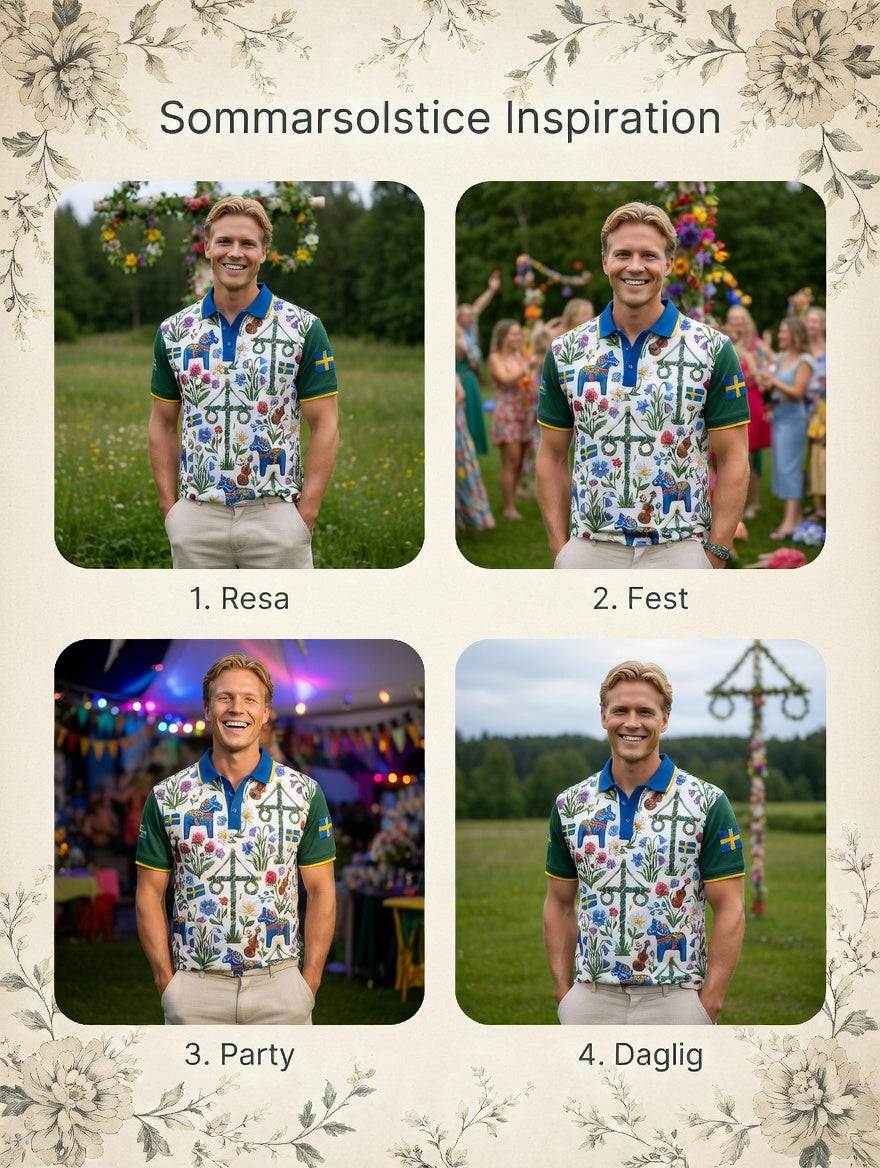 Herrretro svensk midsommarkonsttryck polotröja med korta ärmar