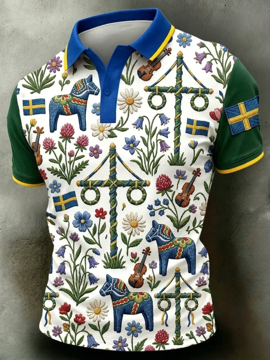 Herrretro svensk midsommarkonsttryck polotröja med korta ärmar