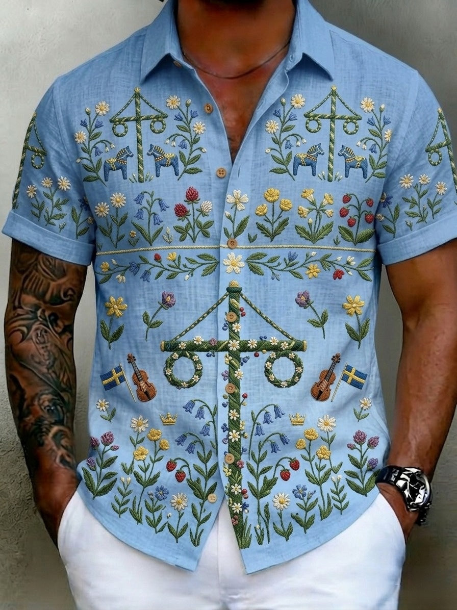 Herrskjortor i retrostil med svensk midsommar- och folkdräktsmotiv i bomull-linne, kortärmade