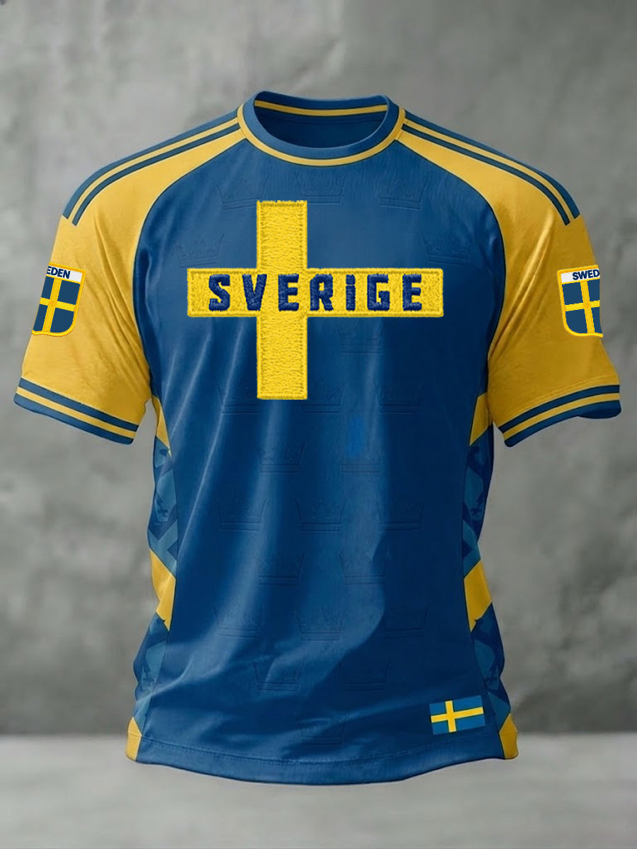 Herrtröja i svensk fotbollsstil med tryckt motiv, ledig modell och korta ärmarna