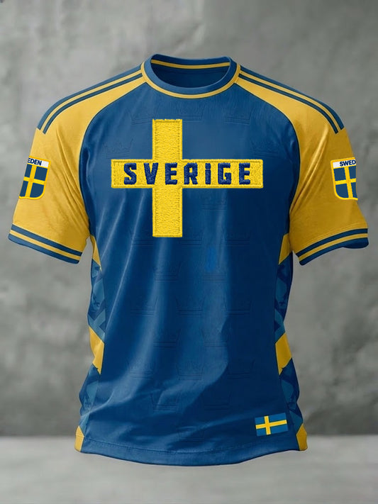 Herregenser i svensk fotballstil med trykt motiv, ledig modell og korte ermer