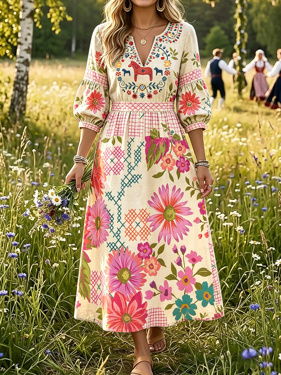 Kvinnors semester-stil Svenska Dala Horse Floral Doodle Print Casual Klänning
