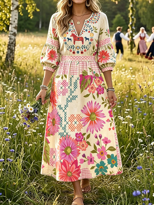 Kvinner Ferie-stil Svensk Dalhest Blomster Doodle Print Uformell Kjole