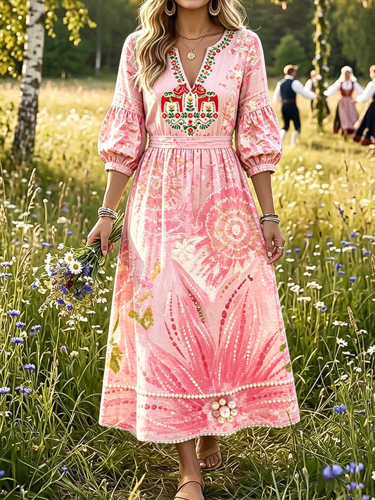 Kvinner rosa sommer svensk Dala Hest Blomstertrykk Hverdagskjole