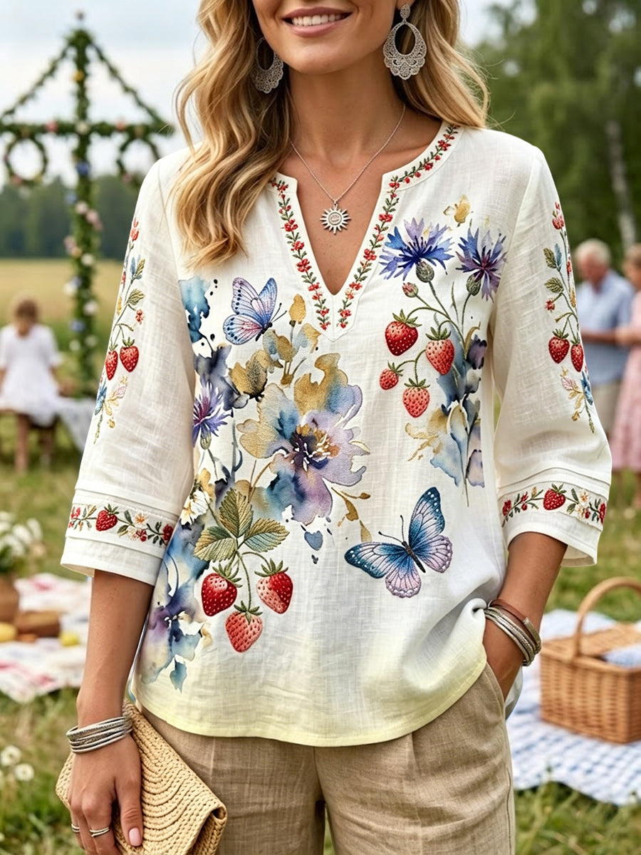 Dams retro midsommarblus i bomull-linne med fjärilsmönster
