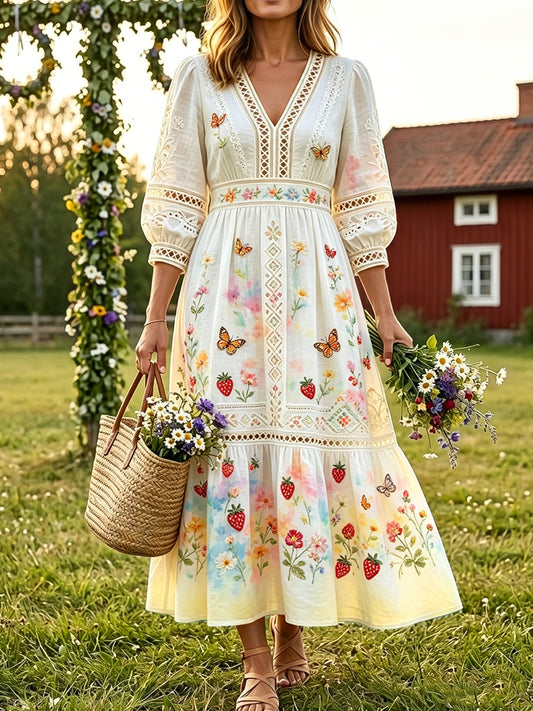 Dame retro midtsommerkjole i bomull-lin med sommerfuglmønster for ferien