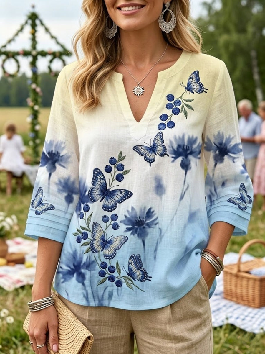 Dams retro midsommar blåbär fjäril avslappnad bomull-linneblus