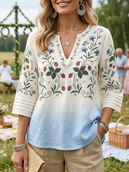 Dame retro midtsommerbluse i bomull-lin med blomstermønster