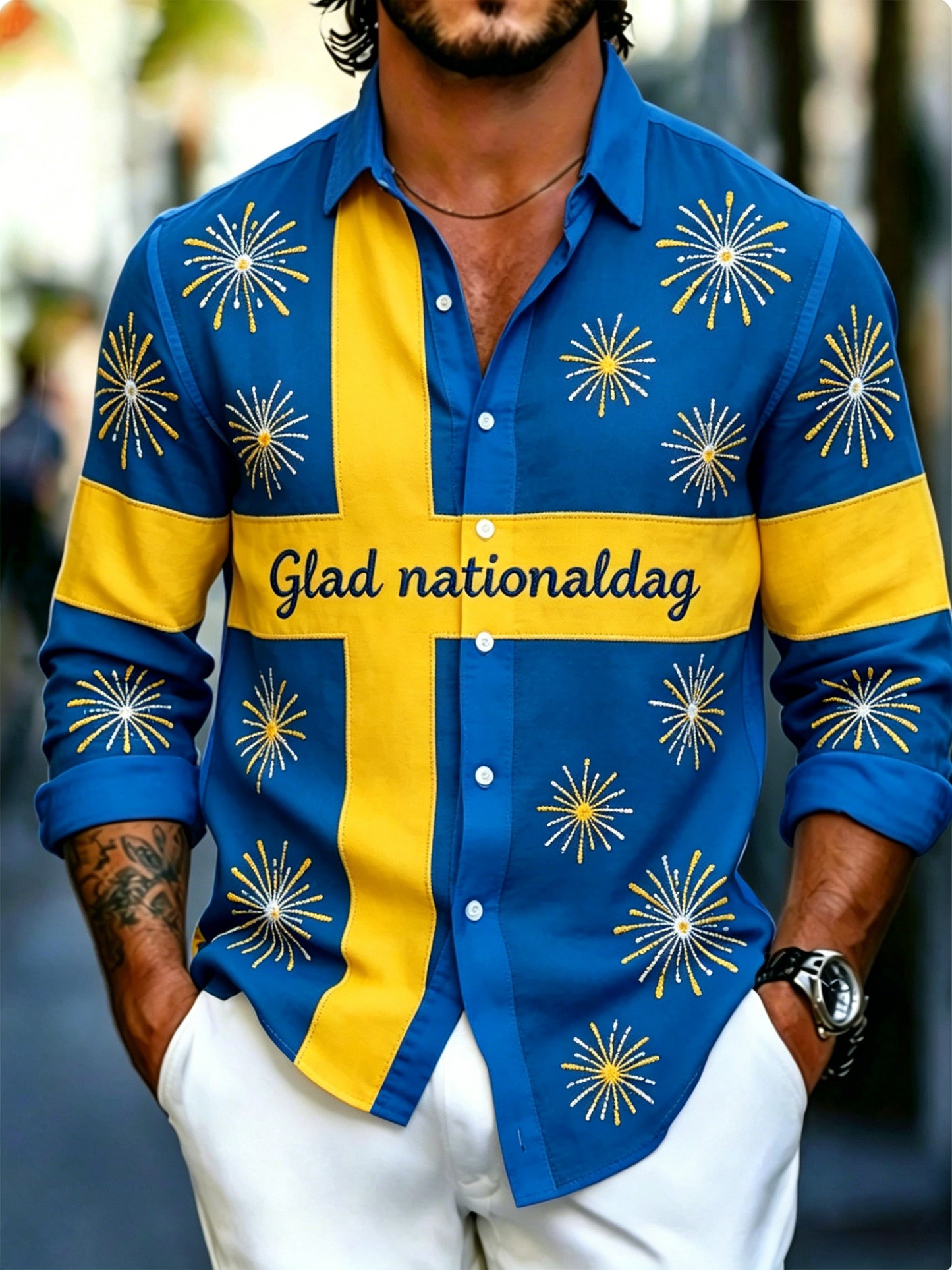 Herrtröja med konsttryck till minne av Sveriges nationaldag, långärmad
