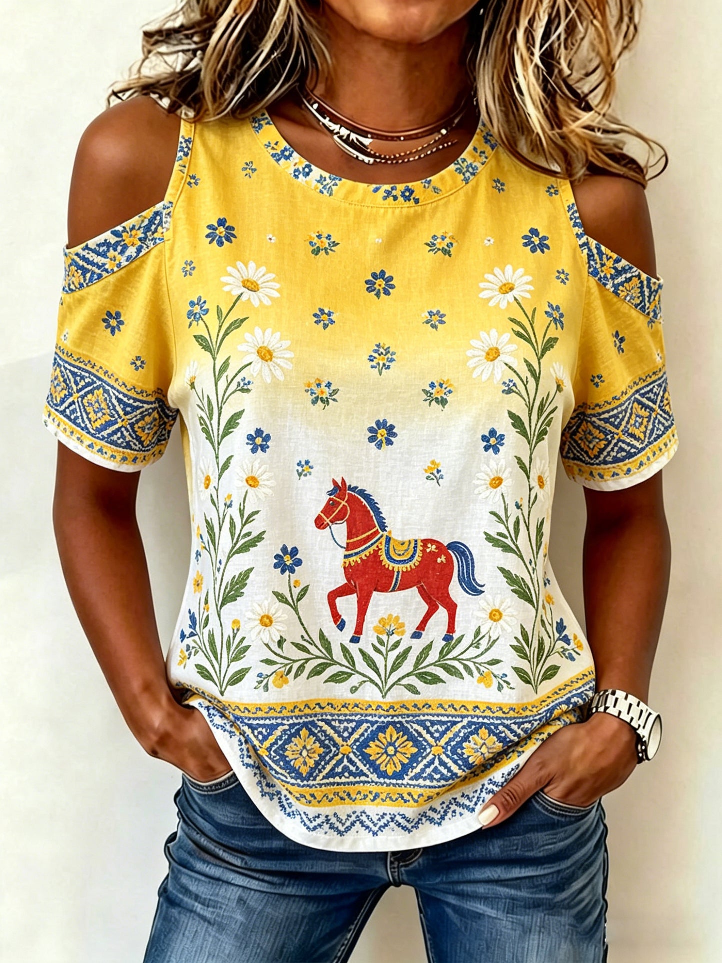 Damer Midsommarfest Blommiga konsttryck axelbandslös t-shirt