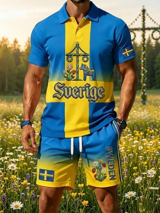 Herre retro svensk midtsommer folkaldrigblomstret trykt avslappet poloskjorte- og shortssett