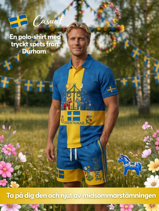 Herre retro svensk midtsommer folkaldrigblomstret trykt avslappet poloskjorte- og shortssett