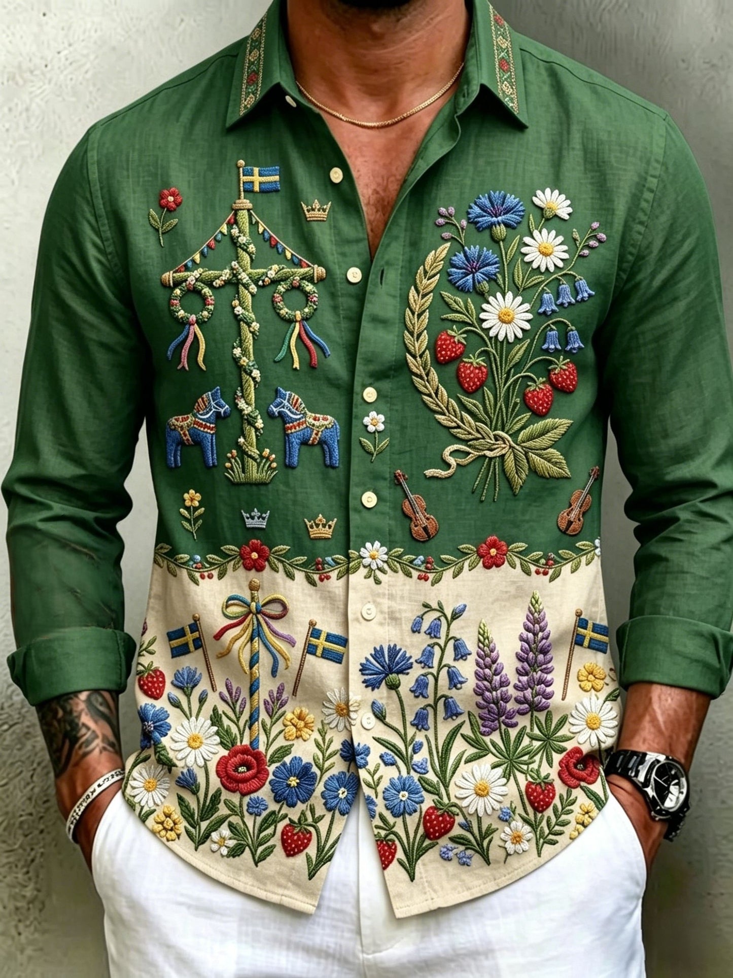 Herrretro svenska midsommarfolkloristiska blommiga bomull-linneskjortor med lång ärm