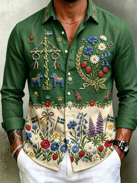 Herre retro svenske midtsommer folkloristiske blomstrete bomull-lin skjorter med lange ermer