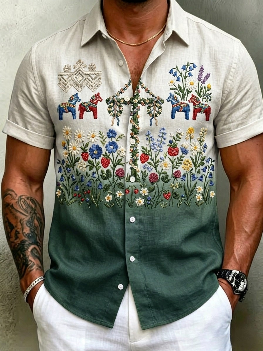 Herrskjortor i retrostil med svensk midsommar- och folkdräktsmotiv i bomull-linne, kortärmade