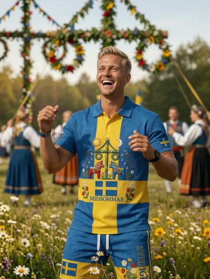 Herrretro svensk midsommarfolkaldrigblommigt tryckt avslappnat polotröja- och shortsset
