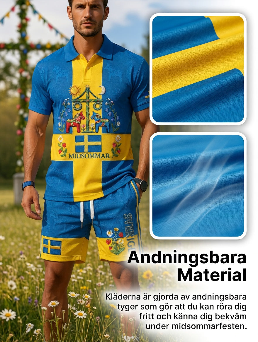 Herrretro svensk midsommarfolkaldrigblommigt tryckt avslappnat polotröja- och shortsset