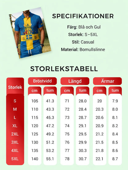 Herrretro svensk midsommarfolkaldrigblommigt tryckt avslappnat polotröja- och shortsset