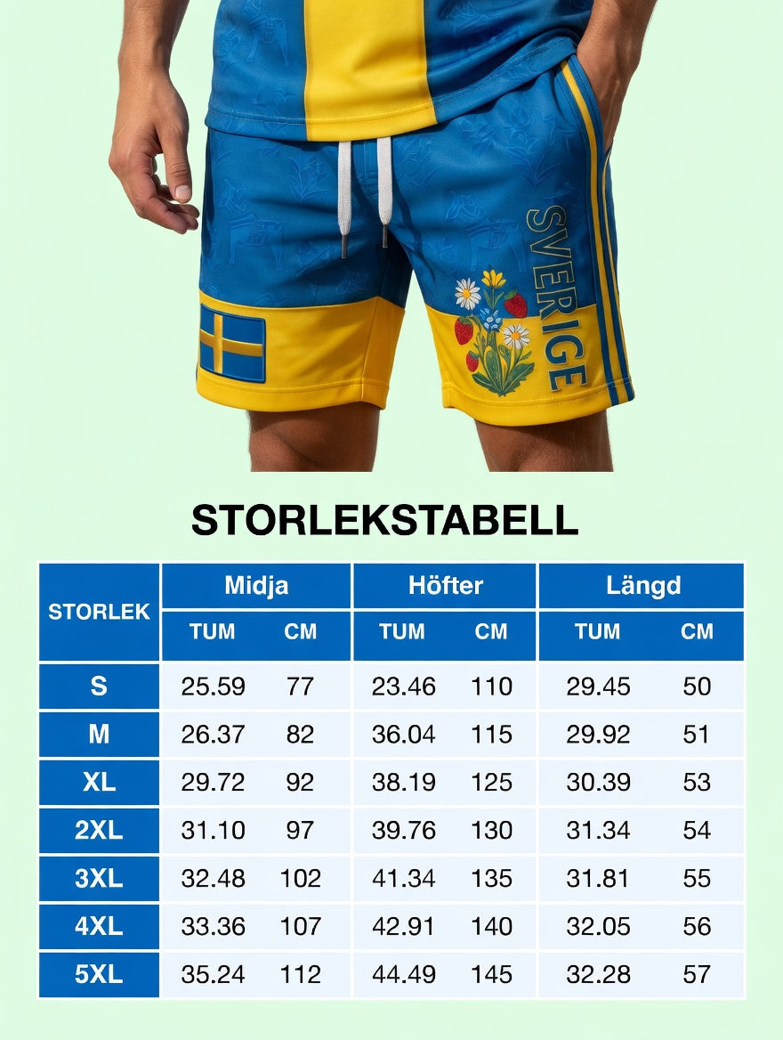 Herrretro svensk midsommarfolkaldrigblommigt tryckt avslappnat polotröja- och shortsset