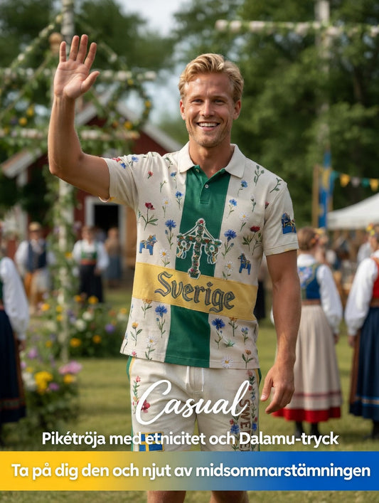 Herre retro svensk midtsommer folkaldrigblomstret trykt avslappet poloskjorte- og shortssett