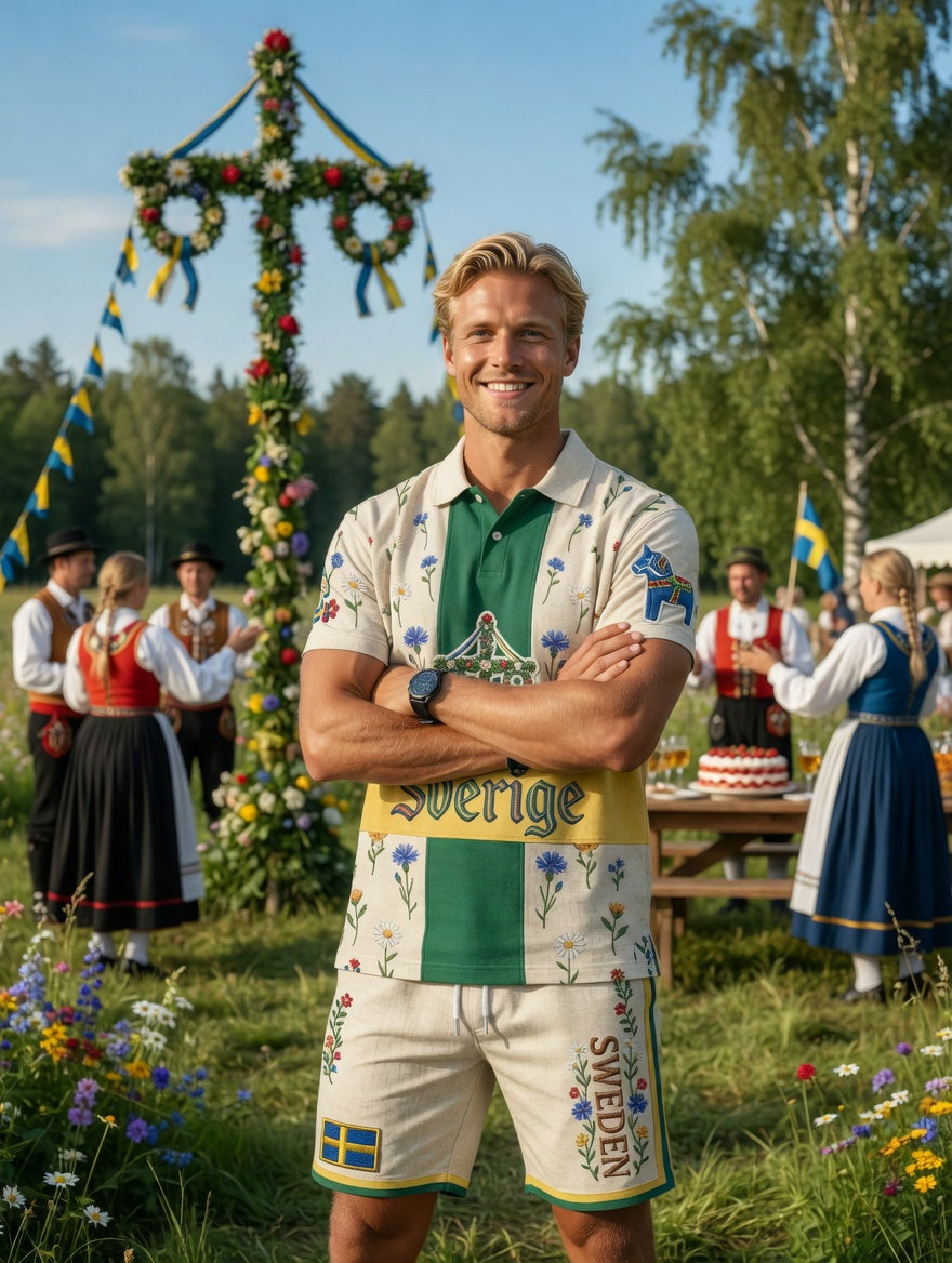 Herrretro svensk midsommarfolkaldrigblommigt tryckt avslappnat polotröja- och shortsset