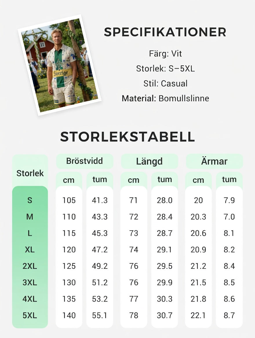Herrretro svensk midsommarfolkaldrigblommigt tryckt avslappnat polotröja- och shortsset