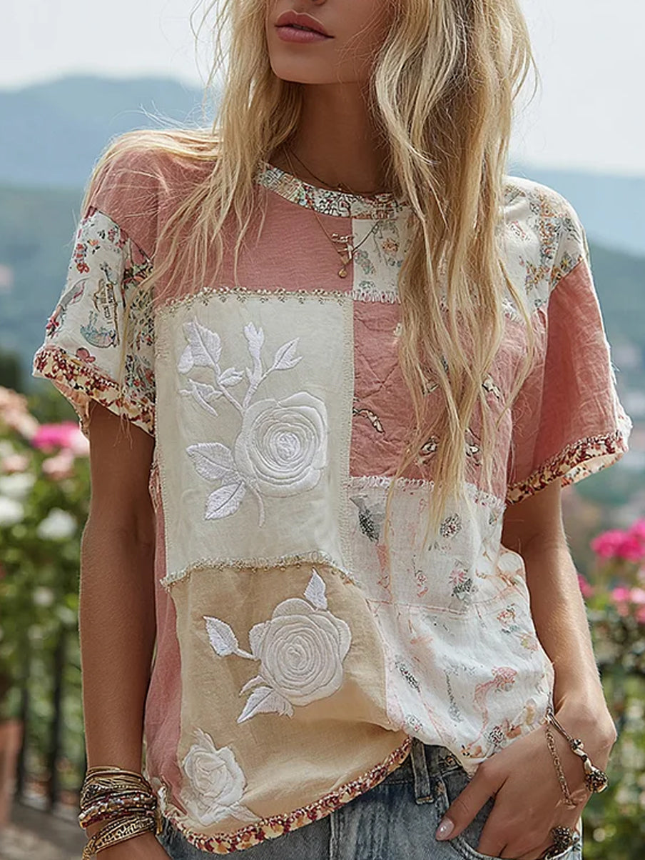 Dams vintage blommig konsttryckt casual t-shirt i bomull-linne