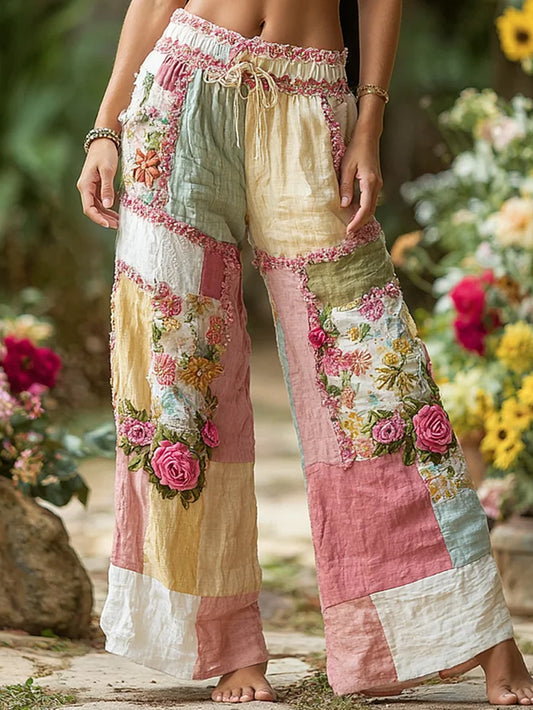 Retro Blomsterkunsttrykk Uformell Bomull-Lin Komfortbukse