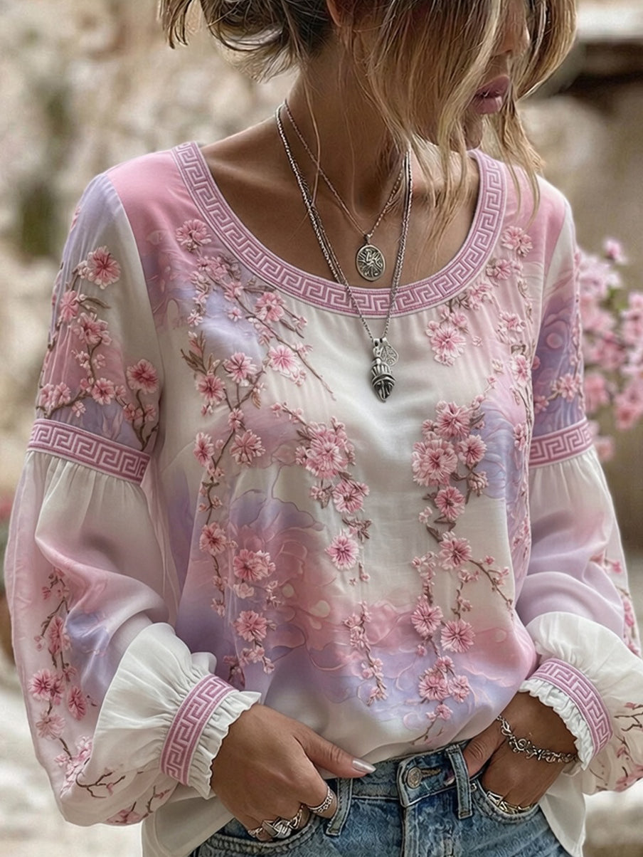 Dams vintage blommig konsttryckt casual topp i bomull-linne